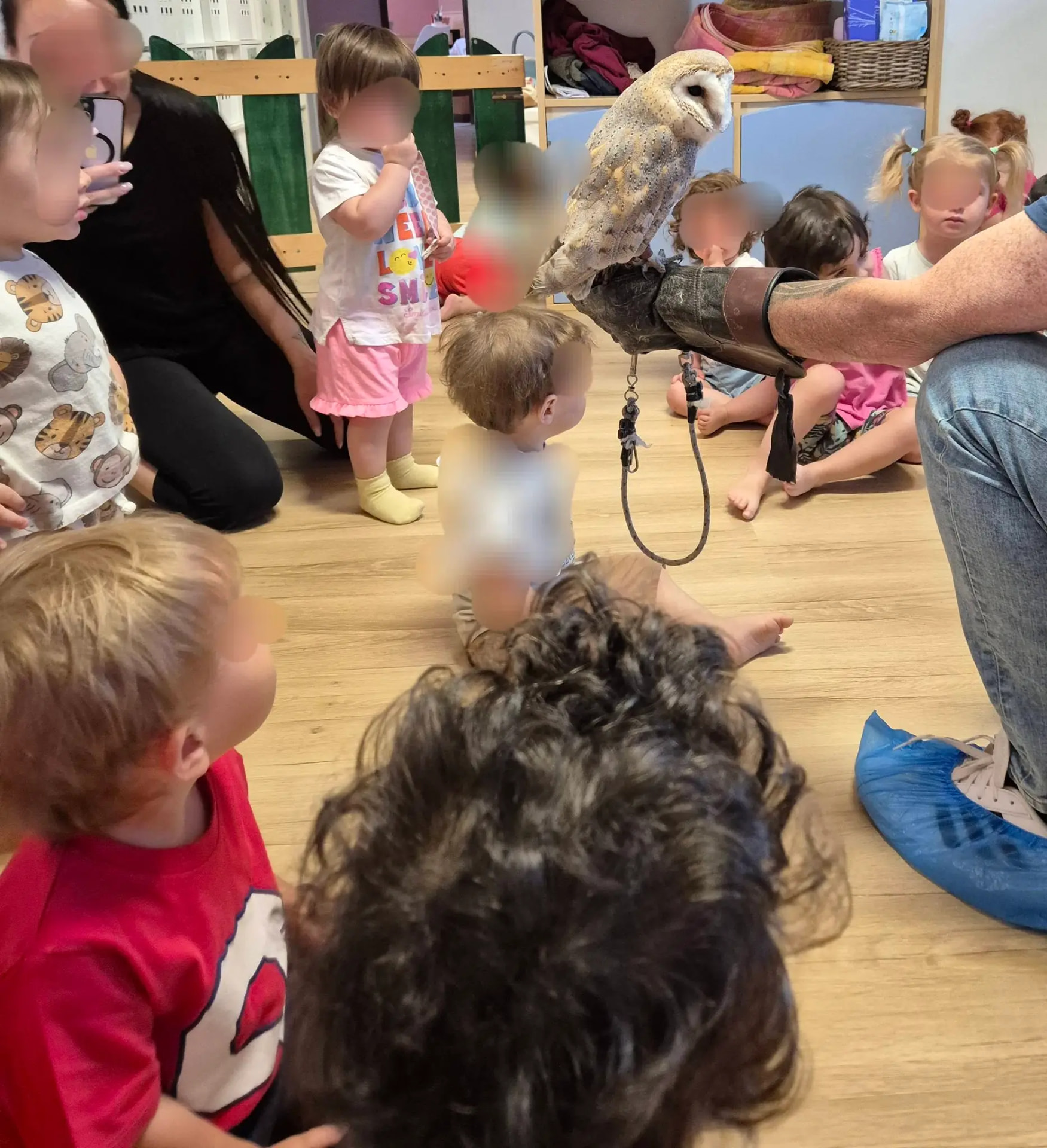 Bambini osservano un rapace durante un laboratorio con gli animali